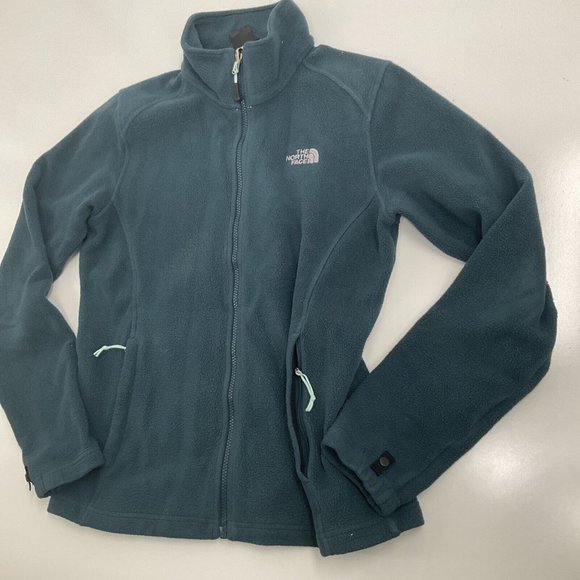 The North Face Fleece Jacket Womens Size M Green Full Zip Pockets Logo Mock Neck - Picture 4 of 15